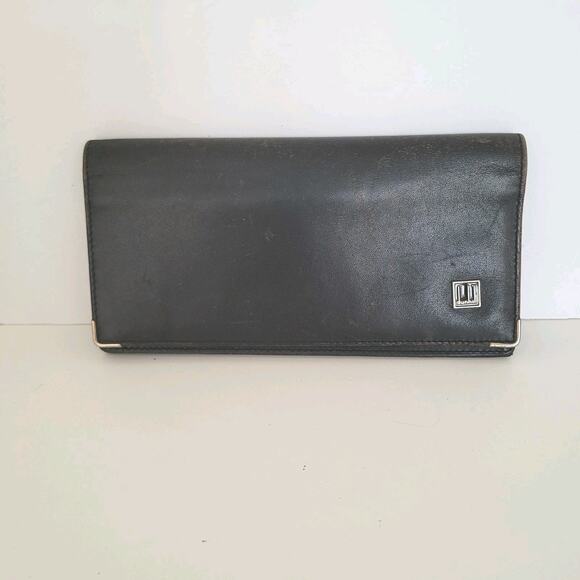 Dunhill Designer Checkbook Card Slim Bill Holder Wallet Black Bifold Leather - Picture 1 of 10